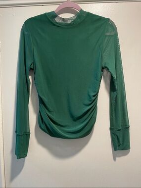 FARM Rio Green Long-Sleeve Gathered Stretch Mesh Ruched Top